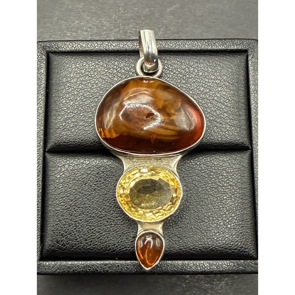 Vintage Sterling Silver Amber Citrine Pendant 17 Grams J19
